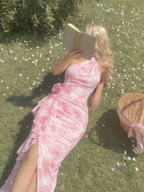 Pink Elegant Women's Halter Neck Dress with Floral Print Asymmetric High Slit - Picture 2 of 6